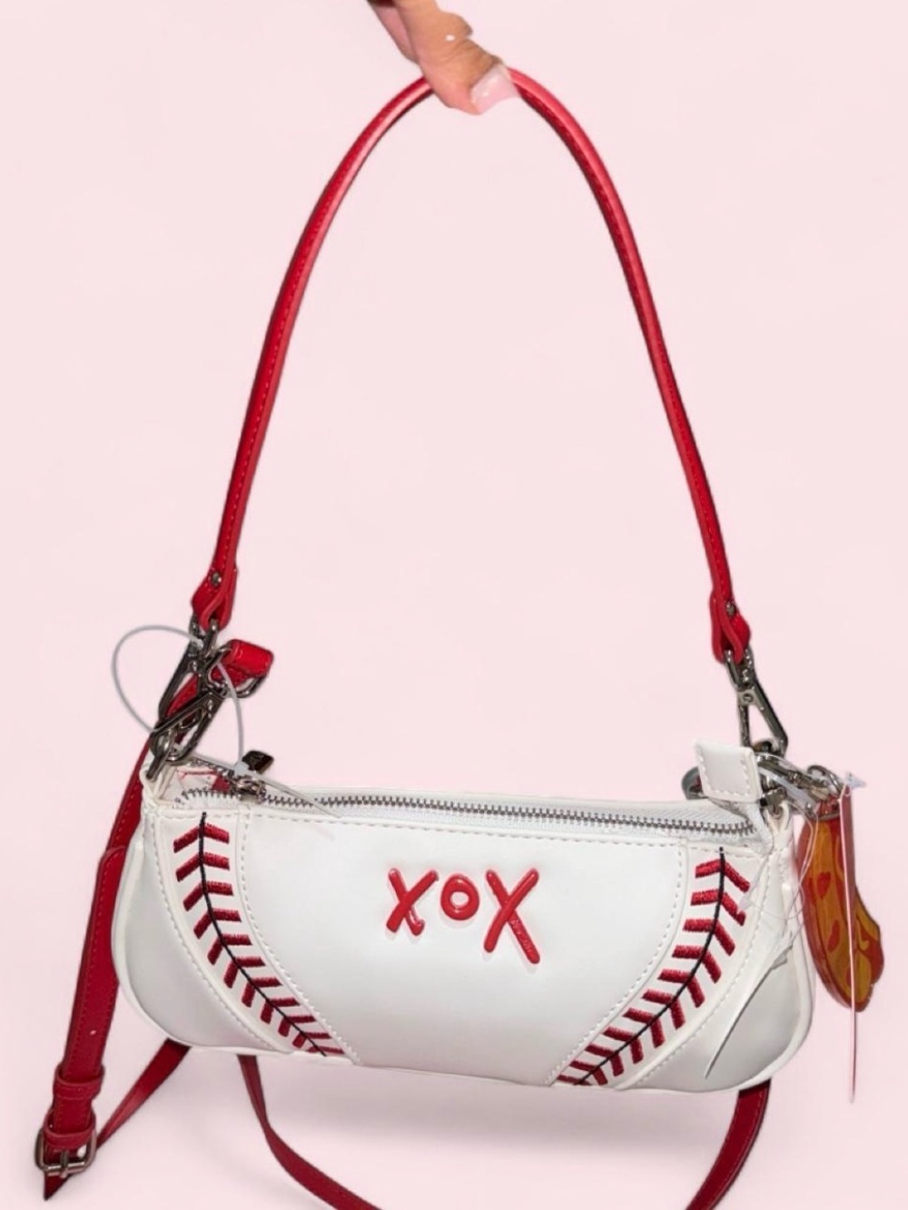 Betsey Johnson White Shoulder Bag with Red Stitching & Strap